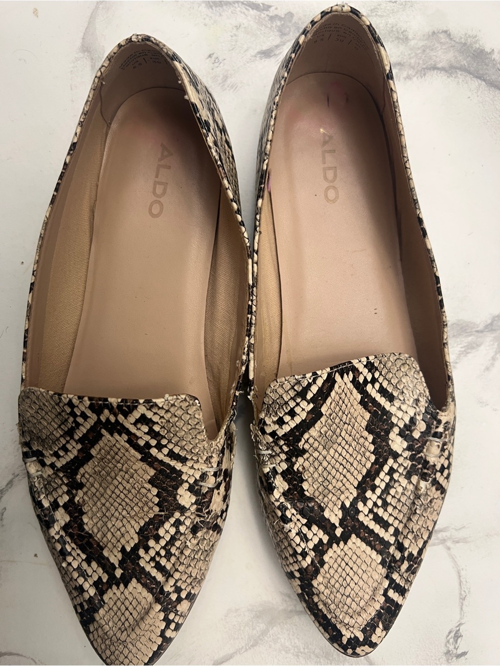 Aldo Women's Snake-Print Pointed Loafer Flats in Beige and Black